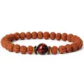 7mm Rudraksha bead bracelet with center red gemstone and metal wood spacers, prayer bead jewelry - Style 8