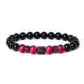 Black agate and pink tiger eye beaded bracelet with micro-pave zircon square spacer fashion - Style 16