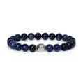 Close-up detail of 8mm blue sodalite gemstone beaded bracelet with silver alloy spacer bead. - Blue Sodalite