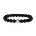 8mm black lava stone bead bracelet with silver alloy accent charm for yoga wear. - Volcanic Rock
