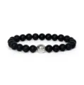 Matte black stone beaded bracelet with silver alloy center charm detail close up view - Black Matte Stone