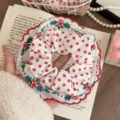 Vintage French style white lace scrunchie with red polka dots and floral embroidery. - Red Polka Dot Embroidery Style / White