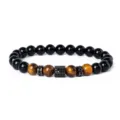 Tiger eye and black agate beaded bracelet with cubic zirconia paved spacer charm jewelry - Style 15