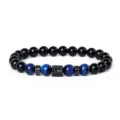 Men's 8mm blue tiger eye and black obsidian beaded bracelet with micro pave zirconia. - Style 14