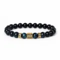 Detailed view of the beaded bracelet with blue tiger eye and cubic zirconia spacer beads. - Style 11