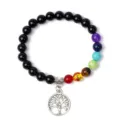 Chakra black stone beaded bracelet with silver tree of life pendant yoga jewelry stylish. - 35
