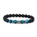 Blue tiger eye and black stone beaded bracelet detail with paved zircon metal spacer charm. - Style 5