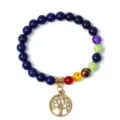 Detailed view of natural gemstone chakra bead bracelet featuring golden tree of life pendant. - 10