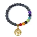 Detailed view of 8mm black stone chakra beads yoga bracelet with gold tree of life pendant. - 12