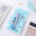 Cute cartoon stationery set with multi-color pens and eraser in clear zipper pouch for students. - Dinosaur Set 6-Piece / Blue