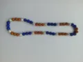 Detailed view of Shambhala necklace featuring blue, silver, and orange 10mm disco beads. - 114 / Approx. 44 Beads, Approx. 51cm (20 Inches)