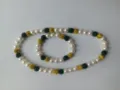 10mm white pearl with gold and green pavé disco bead necklace and bracelet jewelry set - Matching Color Bracelet (Approx. 19cm, 20 Beads) / 144
