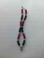 Detailed view of the red black silver shamballa rhinestone beaded necklace with a cross pendant. - Cross Pendant Style / Color Matched Bracelet (Approx 19cm, ~20 Beads, Elastic Line, No Clasp) / Red Black Silver