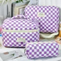Three-piece purple and white quilted checkerboard cosmetic bag set for travel - L / Purple Checkerboard