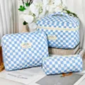 Blue and white checkered quilted cosmetic bag three-piece set showing different sizes - Blue Checkerboard