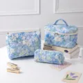 Detailed view of floral quilted cotton makeup bag set for travel organization - Large 25*16*16cm / Canola Ice Blue Floral