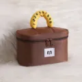 Large capacity brown makeup bag with numbered yellow handle on white faux fur - Brown Large