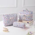 Three-piece quilted cotton makeup bag set with blue plaid and cherry print pattern - Large 25*16*16cm / Blue Plaid Cherry