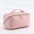Pink woven leather makeup bag with large capacity and golden double zipper for travel - 24*12*11cm / Pink Woven