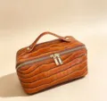 Premium orange crocodile pattern large capacity travel cosmetic bag with handle and dual zippers - 25*12*13cm / Brown