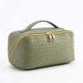 Elegant light green woven cosmetic bag with golden double zippers and top handle - 24*12*11cm / Dark Green Woven
