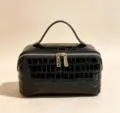 Black crocodile pattern makeup bag with handle and double zippers for travel storage - 25*12*13cm / Black