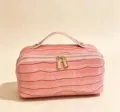 Elegant large pink cosmetic travel bag with embossed crocodile pattern and golden zippers - 25*12*13cm / Pink