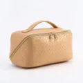 Elegante grote beige geweven make-uptas met gouden ritsen en handvat voor op reis - 24*12*11cm / Geel Gevlochten Textuur