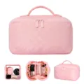 Pink quilted portable cosmetic bag with large capacity and multi-compartment storage - Deep Pink