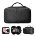 Portable large capacity black quilted makeup bag with handle and internal organizer - Black