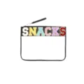 Close-up of clear PVC pouch featuring colorful embroidered SNACKS letters and zipper - 32x22cm / Black
