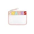 Macro view of pink transparent pouch featuring colorful chenille SNACKS letter embroidery - 32x22cm / Pink