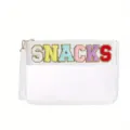 Clear PVC pouch with colorful chenille SNACKS letter patches and wristlet strap - 32x22cm / White