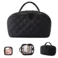 Premium black quilted cosmetic travel bag with handle and clear internal storage pouch - Two-Piece Set / Black