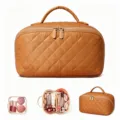 Quilted camel cosmetic bag with large capacity and multi-compartment interior - 25*14*13cm / Orange