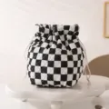 Black and white checkered quilted drawstring makeup bag on a white display stand - 12.5*13.5*19cm / Black & White Checkerboard