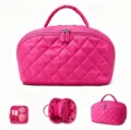 Large capacity fuchsia quilted makeup bag with internal storage compartments and top handle - 25*14*13cm / Rose Red