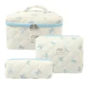 Three-piece set of floral quilted cotton cosmetic bags with cute blue bow pattern design - Blue Bow