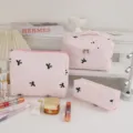 Elegant pink quilted cotton cosmetic bags with black bow pattern, set of 3 for travel - Bowknot Style / Large (24x16x16cm) / Pink