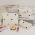 Large capacity cream quilted makeup bag set with cute black bow pattern embroidery - Bowknot Style / Large (24x16x16cm) / Beige