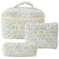 Quilted cotton floral makeup bag three-piece set with delicate blue flower pattern - L / White Base Blue Orchid