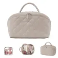 Large beige quilted cosmetic bag with handle and clear pouch for travel makeup storage - Two-Piece Set / Khaki