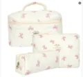 Cute quilted cotton cosmetic bag set with pink bow pattern for travel storage - Pencil Case / 19x8x6cm / Pink Bowknot