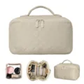 Large capacity quilted beige makeup bag with handle for portable travel toiletry storage - 25*14*13cm / Khaki
