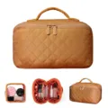 Portable large capacity quilted makeup bag for travel with handheld strap and compartments - Citrus