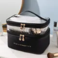 Dubbellaagse transparante PU make-up tas met gouden rits en grote capaciteit - 23*17*15.5cm / Zwart