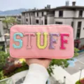 Pink nylon cosmetic bag featuring colorful chenille stuff letter patches embroidery - Lotus Pink