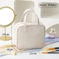 Large ivory white waterproof square cosmetic bag with sturdy handles for makeup storage - Square Face Style / 21x8x19cm / Ivory