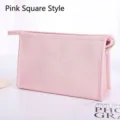 Pink square cosmetic bag made of cross-grain PU leather for makeup and toiletry - Square Style / Pink