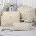 Three-piece quilted checkerboard cosmetic bag set in beige and cream tones - L / Khaki Checkerboard